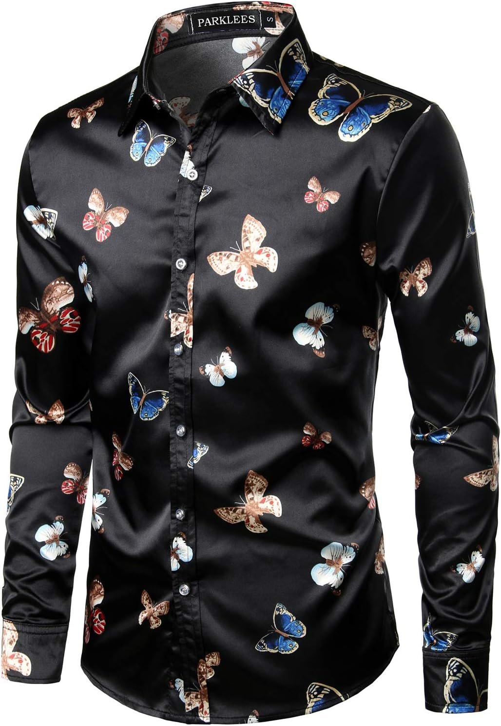 PARKLEES Herren Casual Luxus Bedrucktes Seide wie Satin Button Down Kleid Hemd für Party Hochzeit XX