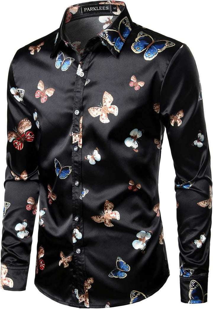 PARKLEES Herren Casual Luxus Bedrucktes Seide wie Satin Button Down Kleid Hemd für Party Hochzeit XX