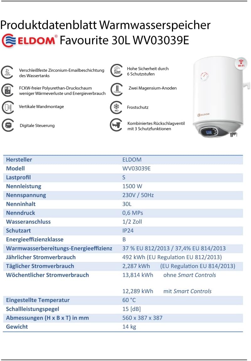 Boiler Warmwasserspeicher 30L druckfest Eldom Favourite Digital, Wi-Fi, 30L