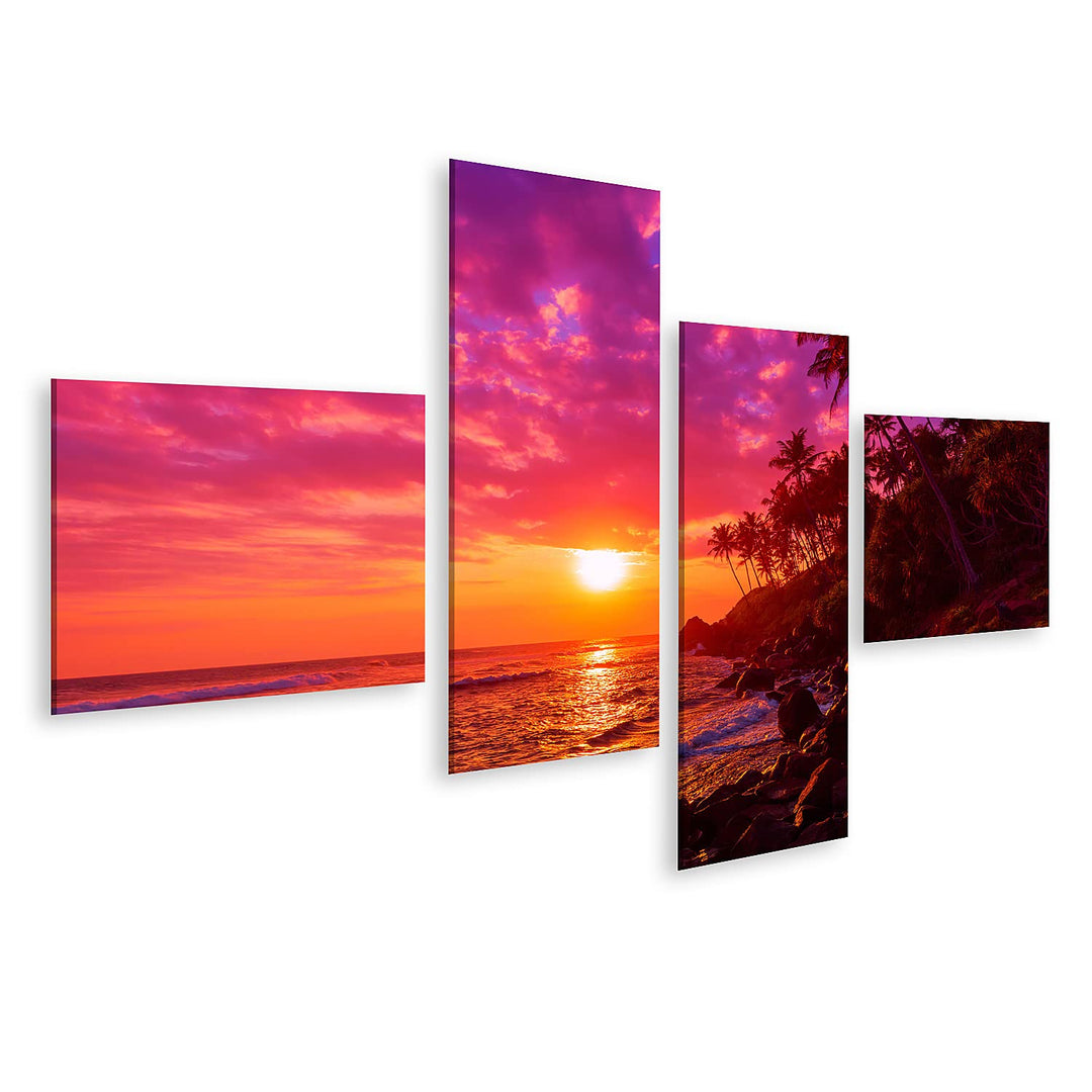 islandburner Bild auf Leinwand Sonnenuntergang Am Tropischen Strand Mit Palmen Silhouetten Bilder Wa