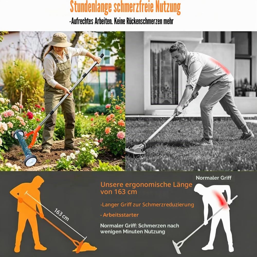 Handvertikutierer mit Rollen, Schneidrechen mit Stiel 165cm, Vertikutierer Rechen Hand mit Gartenabf