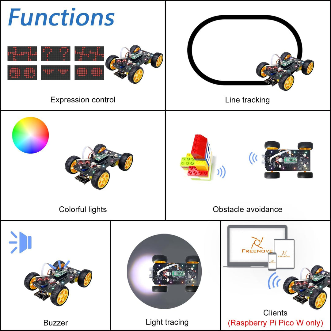 Freenove 4WD Car Kit for Raspberry Pi Pico (Not Included) (Compatible with Arduino IDE), Dot Matrix