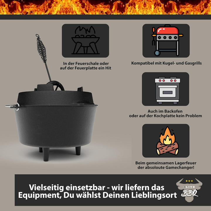 ELITE BBQ Suppenkessel dutch-oven set mit Füssen 6.0 qt, unser Eintopfofen für Kesselgulasch mit dut