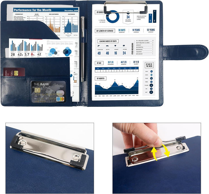 Schreibmappe A5 Klemmbrett Mappe mit Magnetischer Verschluss, organizer büro mappe, Blau Ordner, Dok