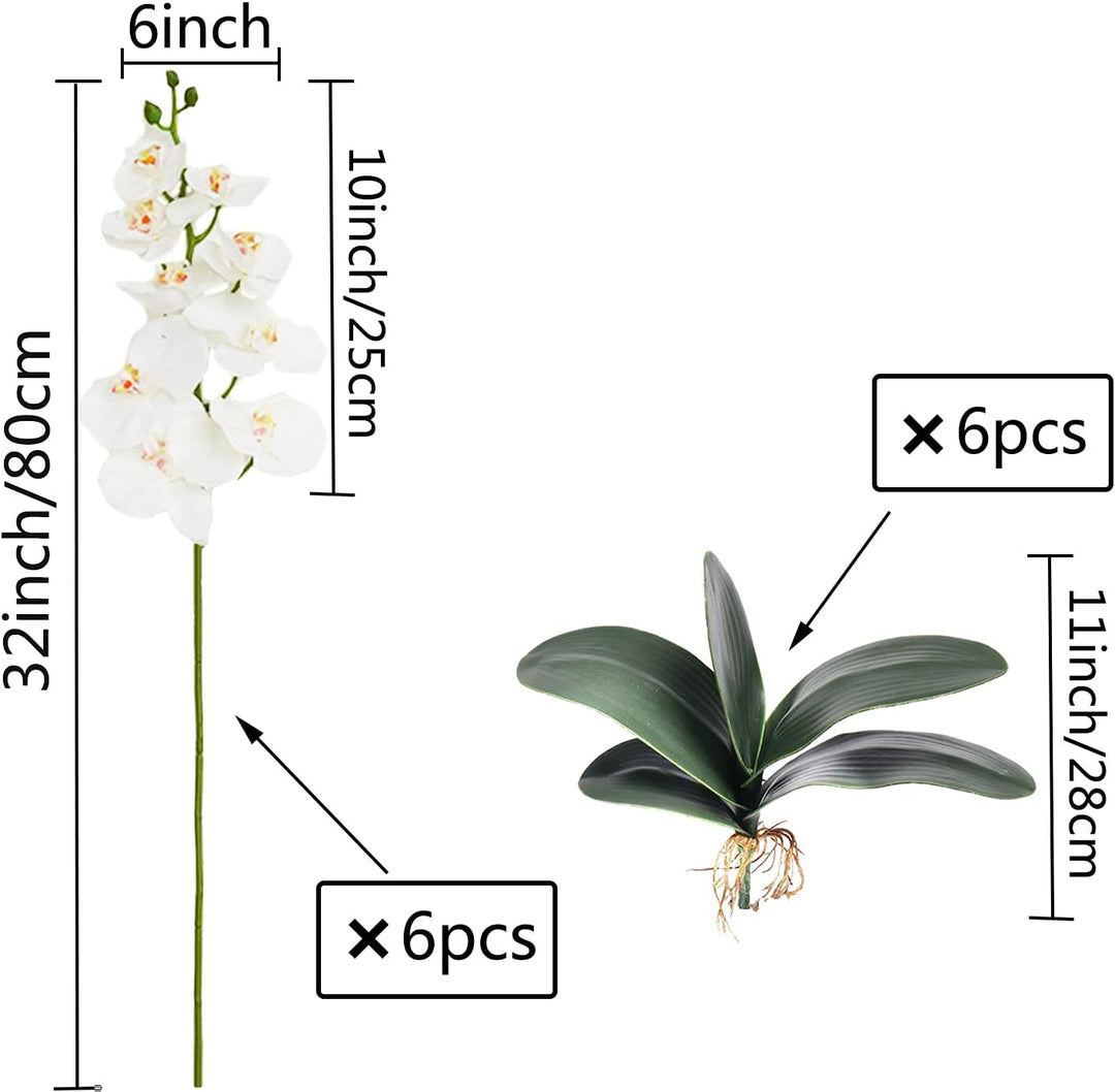 FagusHome 6 Stück künstliche Phalaenopsis Orchideen Blumen Weiss mit 6 Bündeln Künstliche Orchidee B