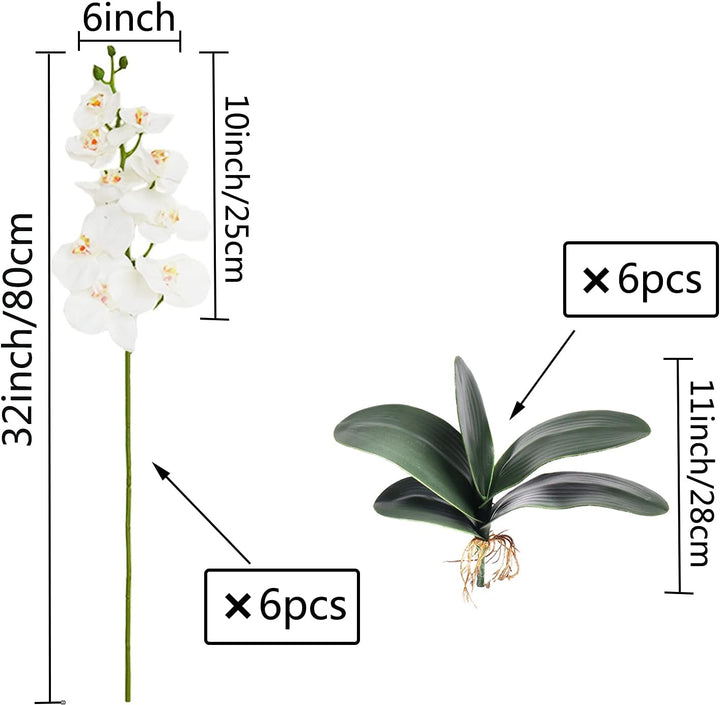 FagusHome 6 Stück künstliche Phalaenopsis Orchideen Blumen Weiss mit 6 Bündeln Künstliche Orchidee B