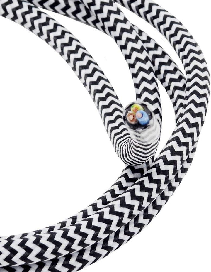 5m Stoffkabel Schwarz Weiss gezackt 3G 0,75qmm Textilkabel Lampenkabel Leuchtenkabel Kabel Stromkabe