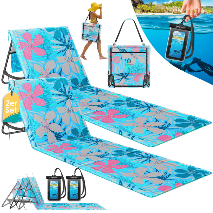 KESSER® 2er Set Strandmatte klappbar mit Verstellbarer Rückenlehne, Tragegurt, wasserdichter Tasche