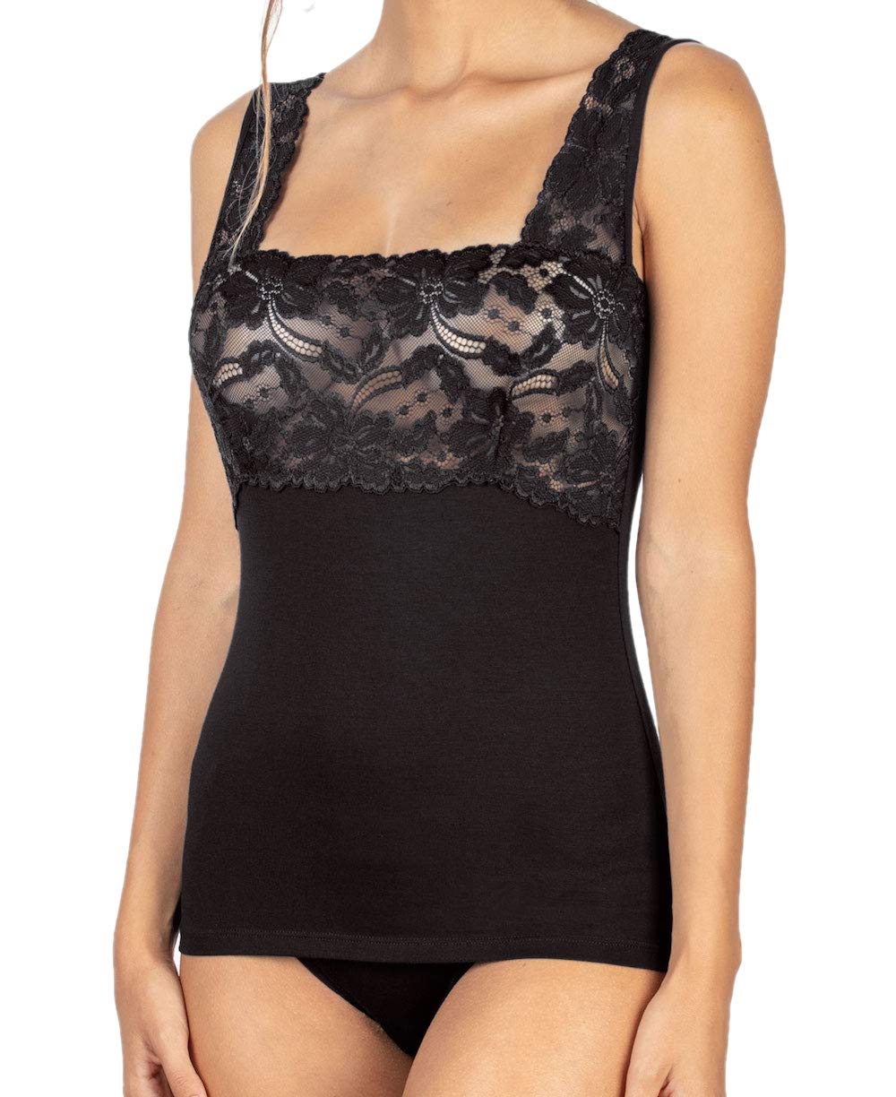 Intimo 2D Damen-Unterhemd aus Spitze und breiter Schulter aus Modal L Schwarz, L Schwarz