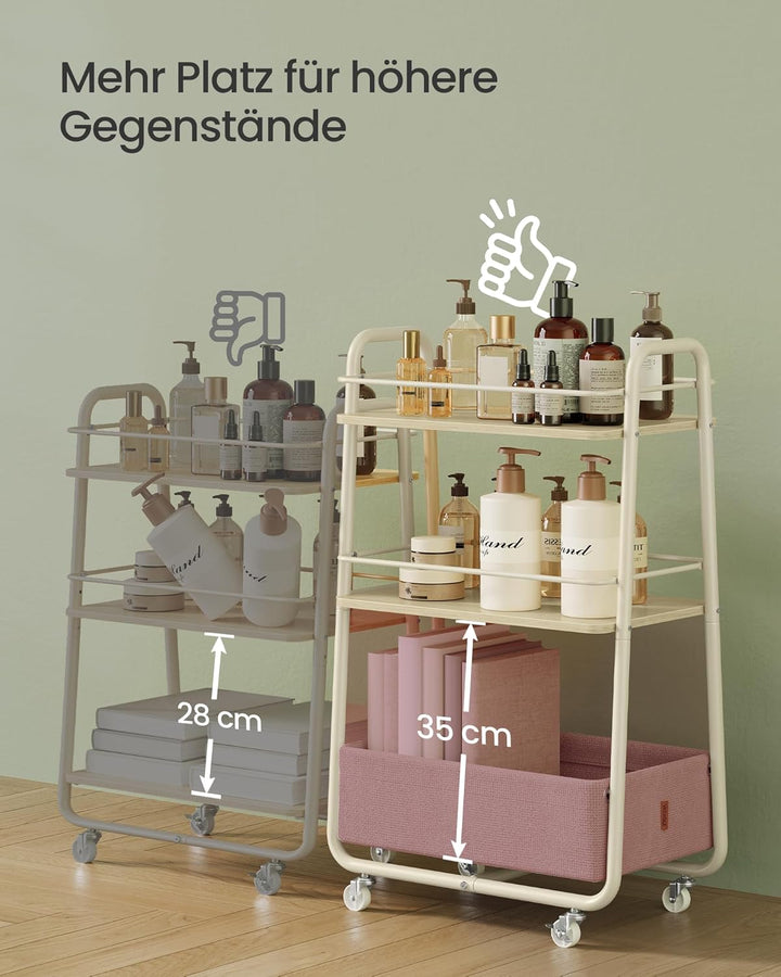 VASAGLE LILEA Kollektion - Rollwagen mit Korb aus Stoff, 3 Ebenen, Servierwagen mit Rollen, Ablagen,