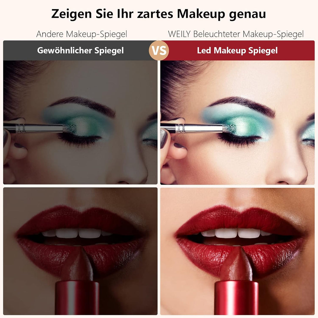 WEILY Schminkspiegel mit Beleuchtung, 10X/1X Vergrösserung Doppelseitiger Kosmetikspiegel mit 3 Farb