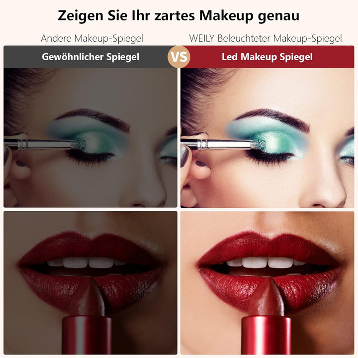 WEILY Schminkspiegel mit Beleuchtung, 10X/1X Vergrösserung Doppelseitiger Kosmetikspiegel mit 3 Farb