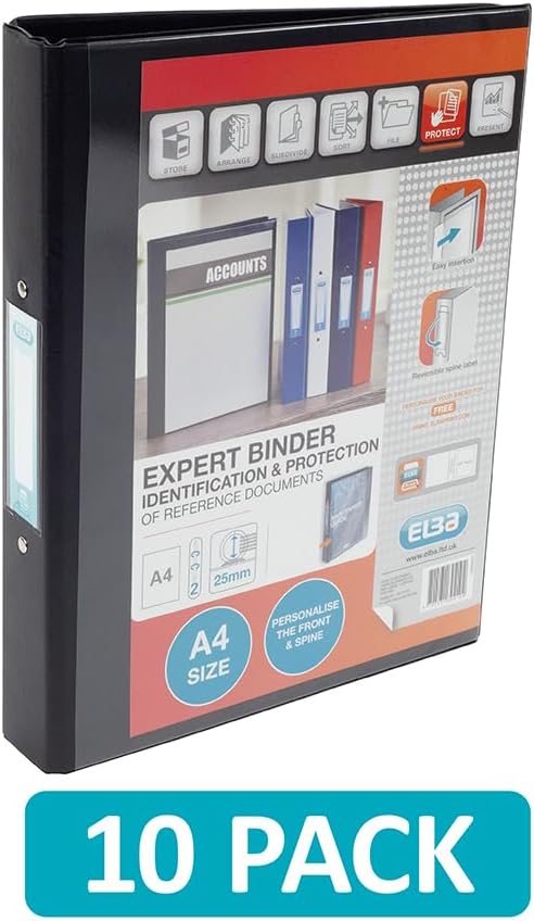 Emgee Ringmappe PVC mit transparenter Fronttasche 2 O-Ringe 25 mm A4 10 Stück schwarz, Schwarz