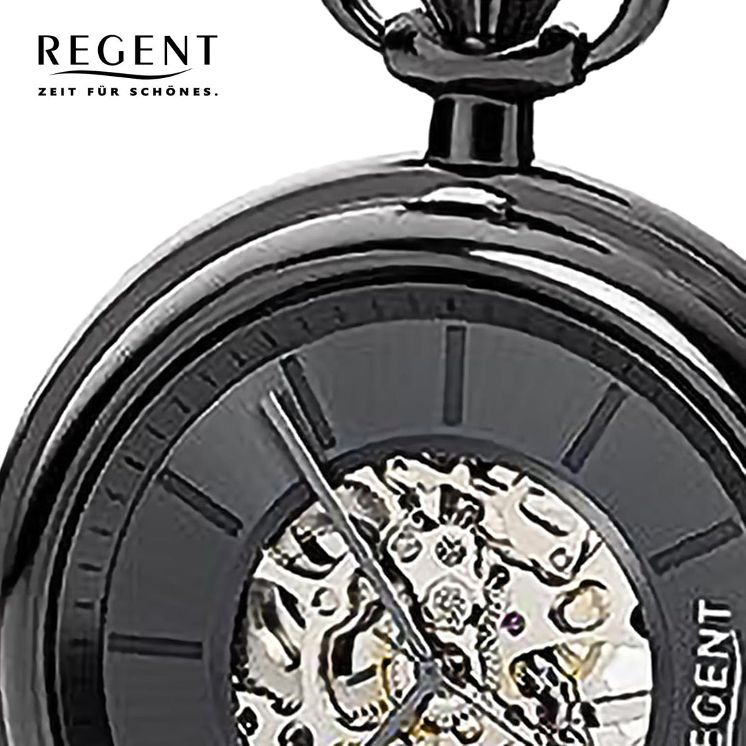 REGENT Herren Taschenuhr mit mechanischem Handaufzugswerk Glasboden mit Sicht auf das Skelett Uhrwer