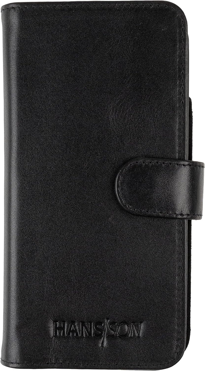 HANS/SON Klappbare Echtlederhülle in Schwarz | iPhone 14 Pro Max Ledercase mit Kartenfächern | Leder