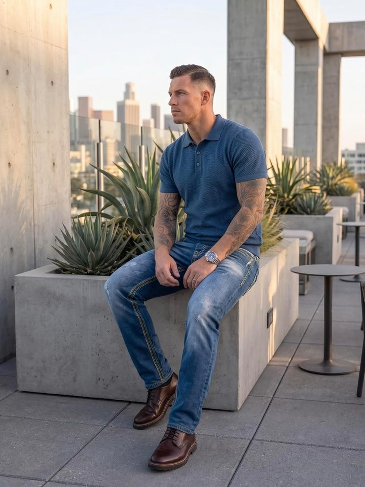 Rock Creek Herren Designer Jeans Hose Dicke Nähte Vintage Blau RC-2056 34W / 34L Dunkelblau - Rc-236