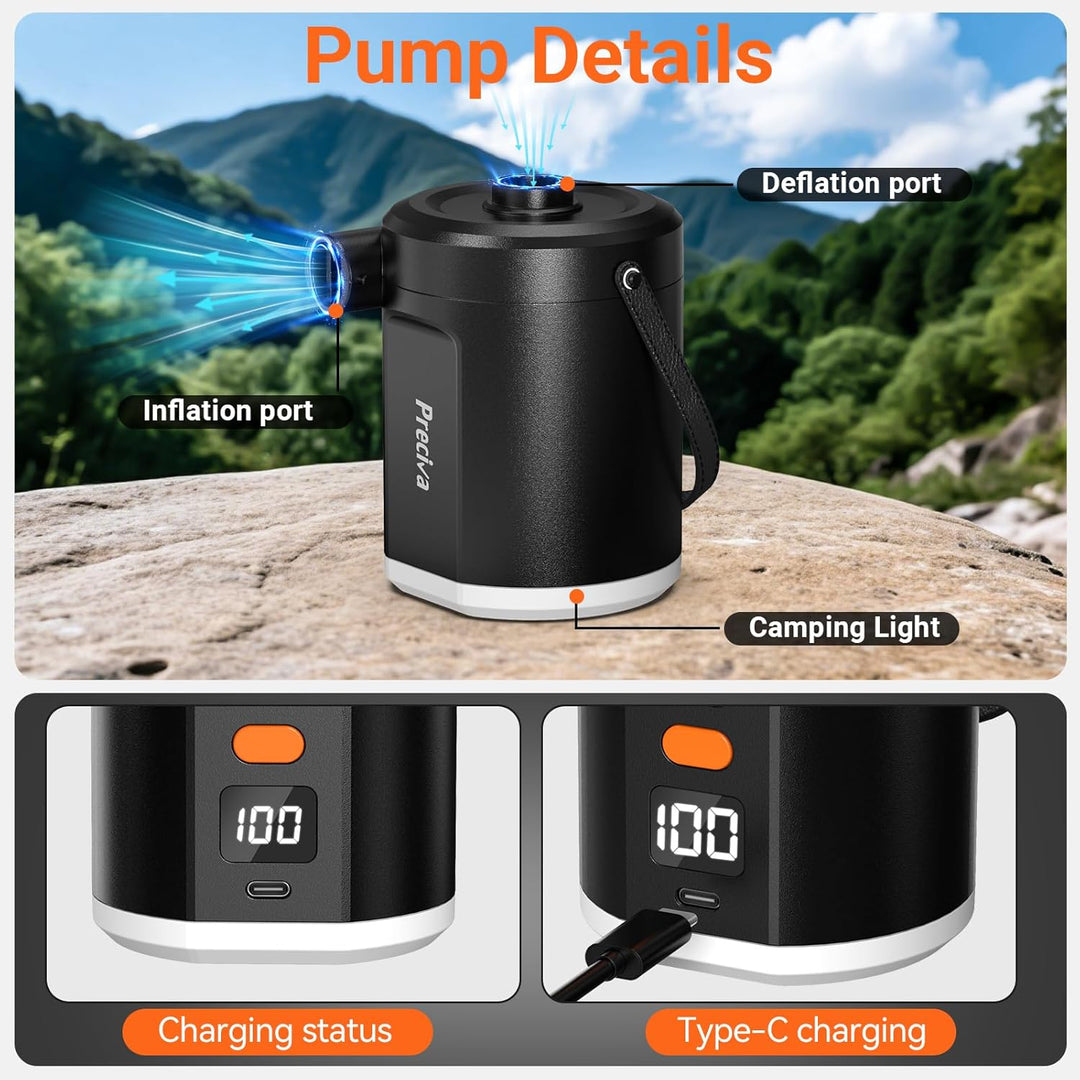 Preciva Elektrische Luftpumpe mit Akku, 5000mAh USB-C wiederaufladbar, 280L/Min 4kPa, Kompakte Campi