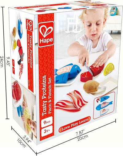 Hape Fisch & Fleisch Set von Hape| Fantasiespiel aus Holz Lebensmittel-Set für Kinder, Kochset mit Z