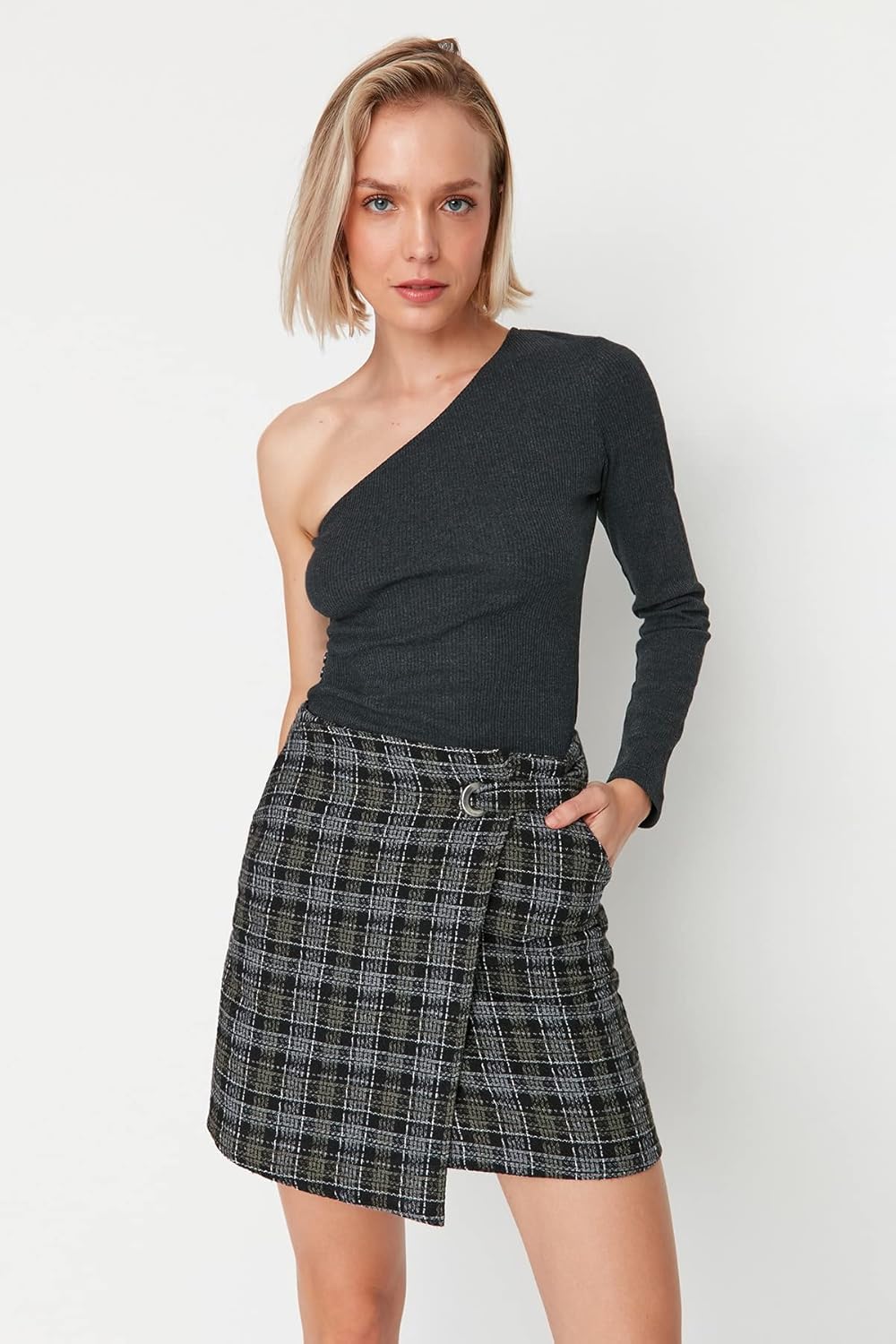 TRENDYOL Damen Mini Zweireihig Straight Webstoff Rock Skirt 36 Khaki, 36 Khaki