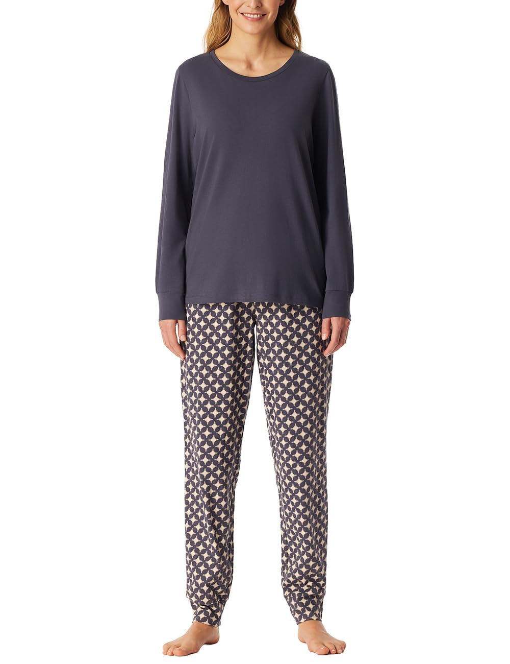 Schiesser Damen Schlafanzug lang mit Bündchen Baumwolle - Nightwear 36 Graphit_181987, 36 Graphit_18