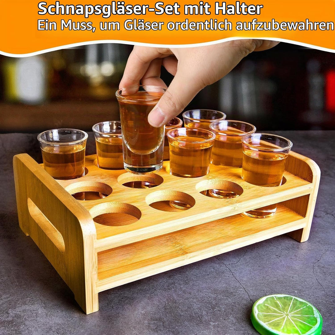Schnapsglas-Set Mit Tablett - 12 Stück 30ml Gläser, Brett, Halter - Gerade, Dicke Basis, Klares Glas
