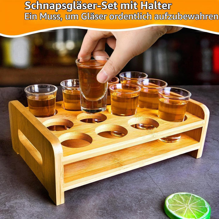 Schnapsglas-Set Mit Tablett - 12 Stück 30ml Gläser, Brett, Halter - Gerade, Dicke Basis, Klares Glas