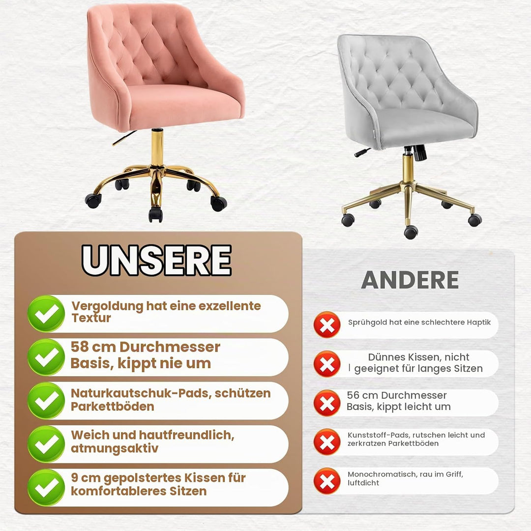 Homeoffice Bürostuhl aus Samt, ergonomischer Schreibtischstuhl höhenverstellbar, Drehstuhl mit Rolle