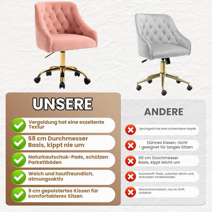 Homeoffice Bürostuhl aus Samt, ergonomischer Schreibtischstuhl höhenverstellbar, Drehstuhl mit Rolle