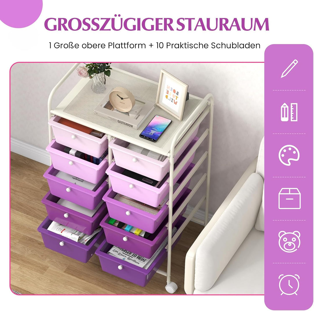 COSTWAY Rollwagen mit 10 stapelbaren Schubladen, Schubladenwagen Rollcontainer mit Metallgestell und