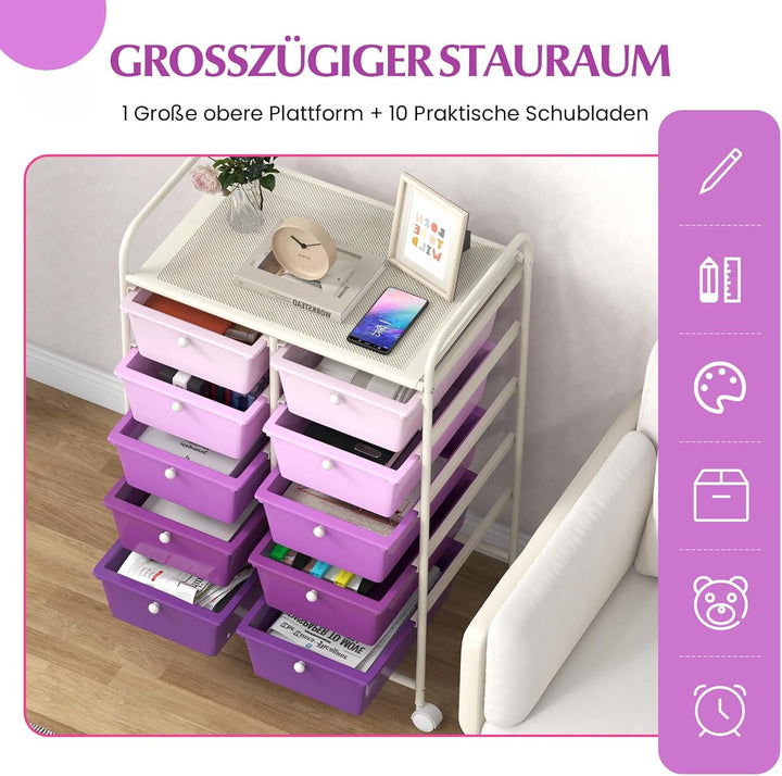COSTWAY Rollwagen mit 10 stapelbaren Schubladen, Schubladenwagen Rollcontainer mit Metallgestell und