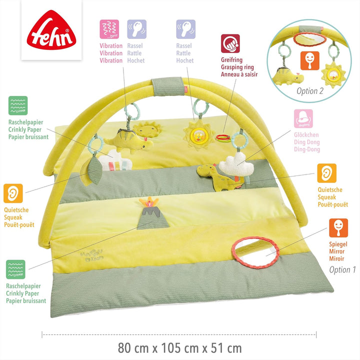 Fehn 3-D-Activity-Decke Spielbogen Happy Dino – Baby Krabbeldecke mit 4 abnehmbaren Spielzeugen zum