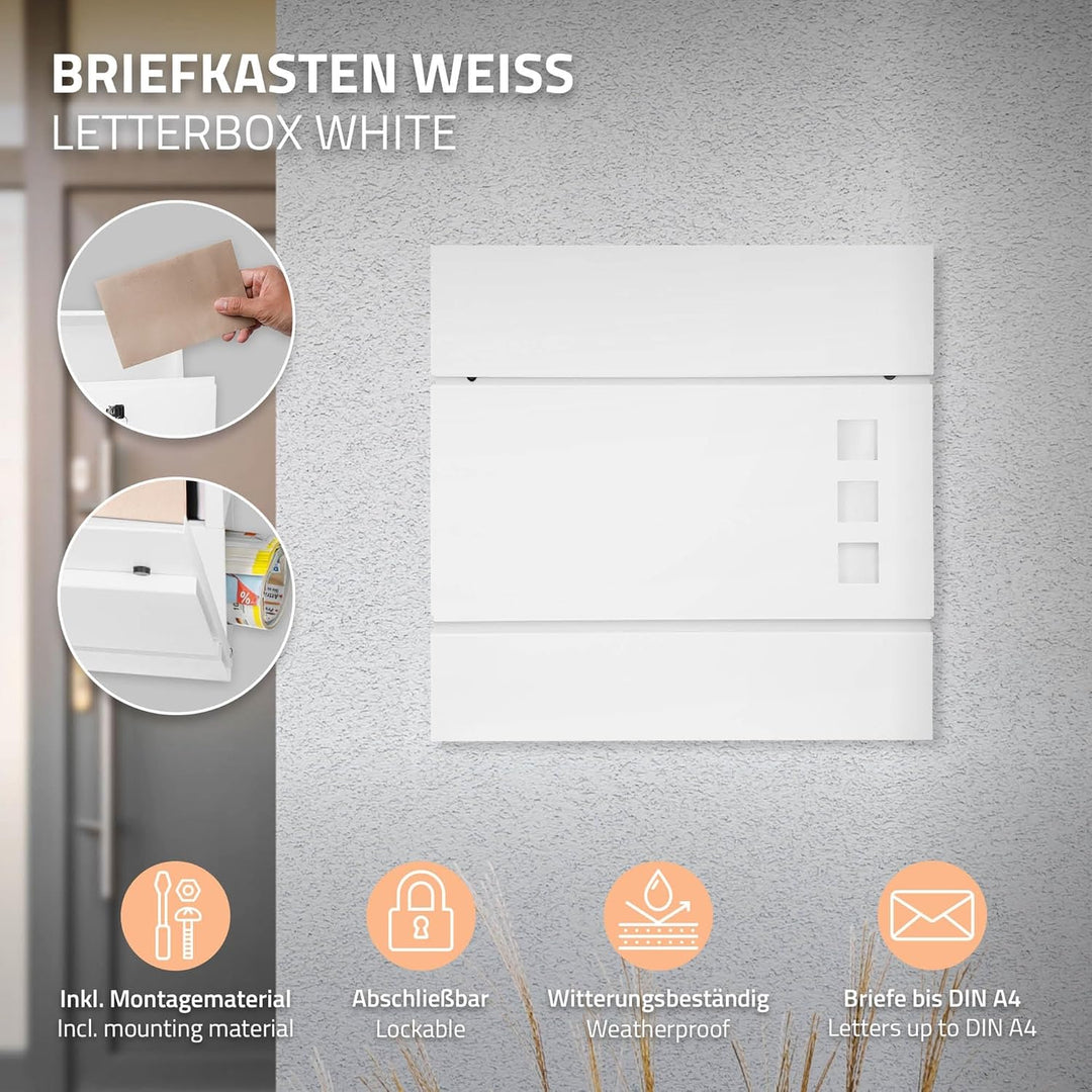 ECD Germany Briefkasten in Weiss mit Zeitungsfach, Schloss und 2 Schlüsseln, inkl. Montagematerial,