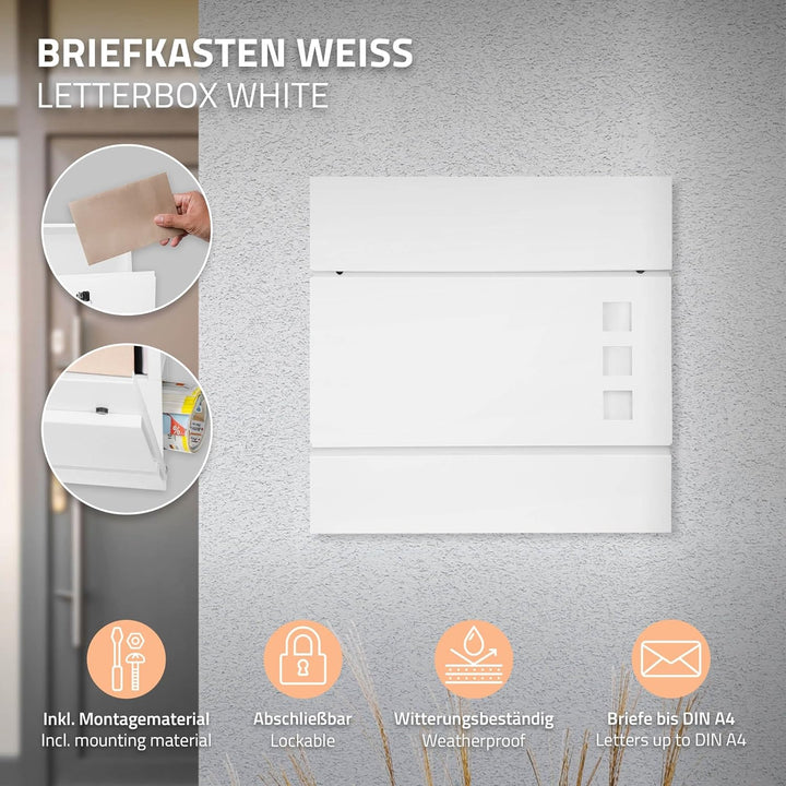 ECD Germany Briefkasten in Weiss mit Zeitungsfach, Schloss und 2 Schlüsseln, inkl. Montagematerial,