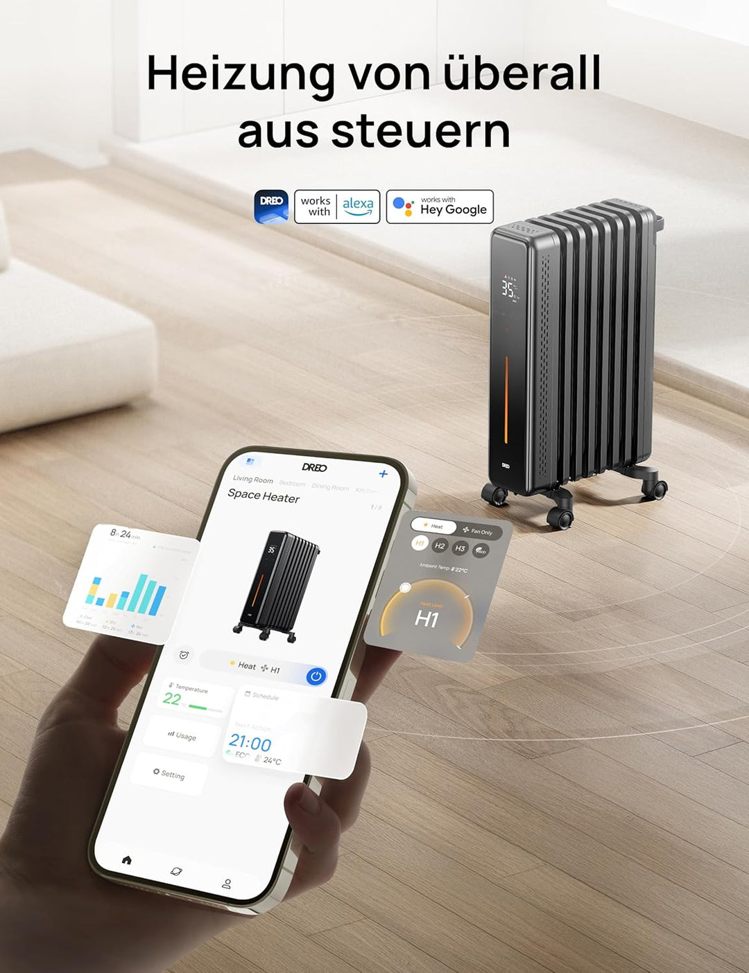 Dreo Ölradiator Energiesparend, 2000W Elektroheizung mit 9 Rippen, 3 Heizstufen, 4 Modi, 24h Timer,