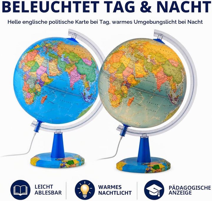 TOPGLOBE 30cm Leuchtglobus - Englische Karte - Schülerglobus Moderne Politische Weltkugel – pädagogi