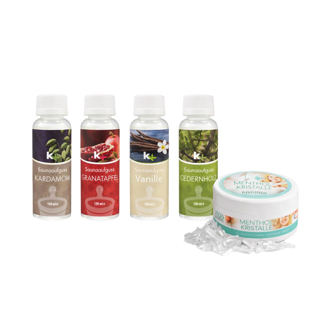 Sauna Set | KK Saunaaufgussset 4 x 100 ml + 50g Mentholkristalle | Saunakonzentrat + Menthol-Kristal