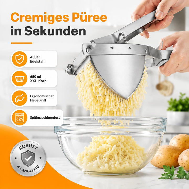 Hohe Qualität Kartoffelpresse Edelstahl Testsieger - Ergonomischer Komfortgriff, Extra Grosses Fassu