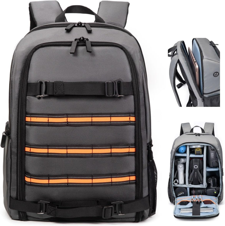 Kamera Rucksack 23L Fotografie Kamera Tasche, kompatibel mit Kamera DSLR, 15.6'' Laptop, Stativ Grau