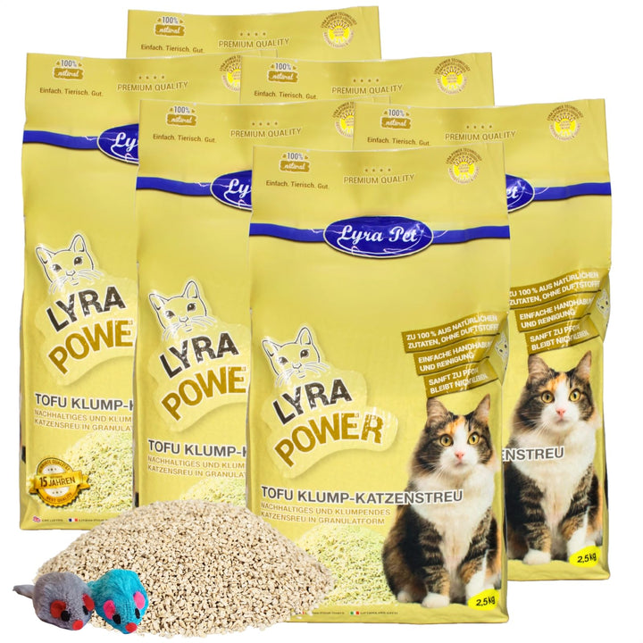 Lyra Pet® | 15 kg Tofu Katzenstreu + 2 Mäuse | Parfümfreie Klumpstreu | 300% Saugkraft | Umweltfreun