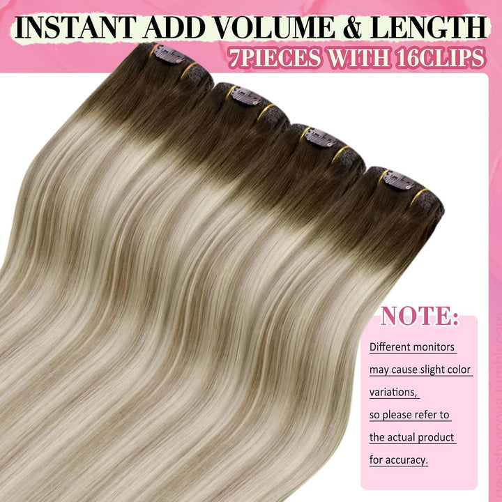 YoungSee Echthaar Extensions Clip Balayage Clip in Extensions Echthaar Braun Blond 35cm Extensions C