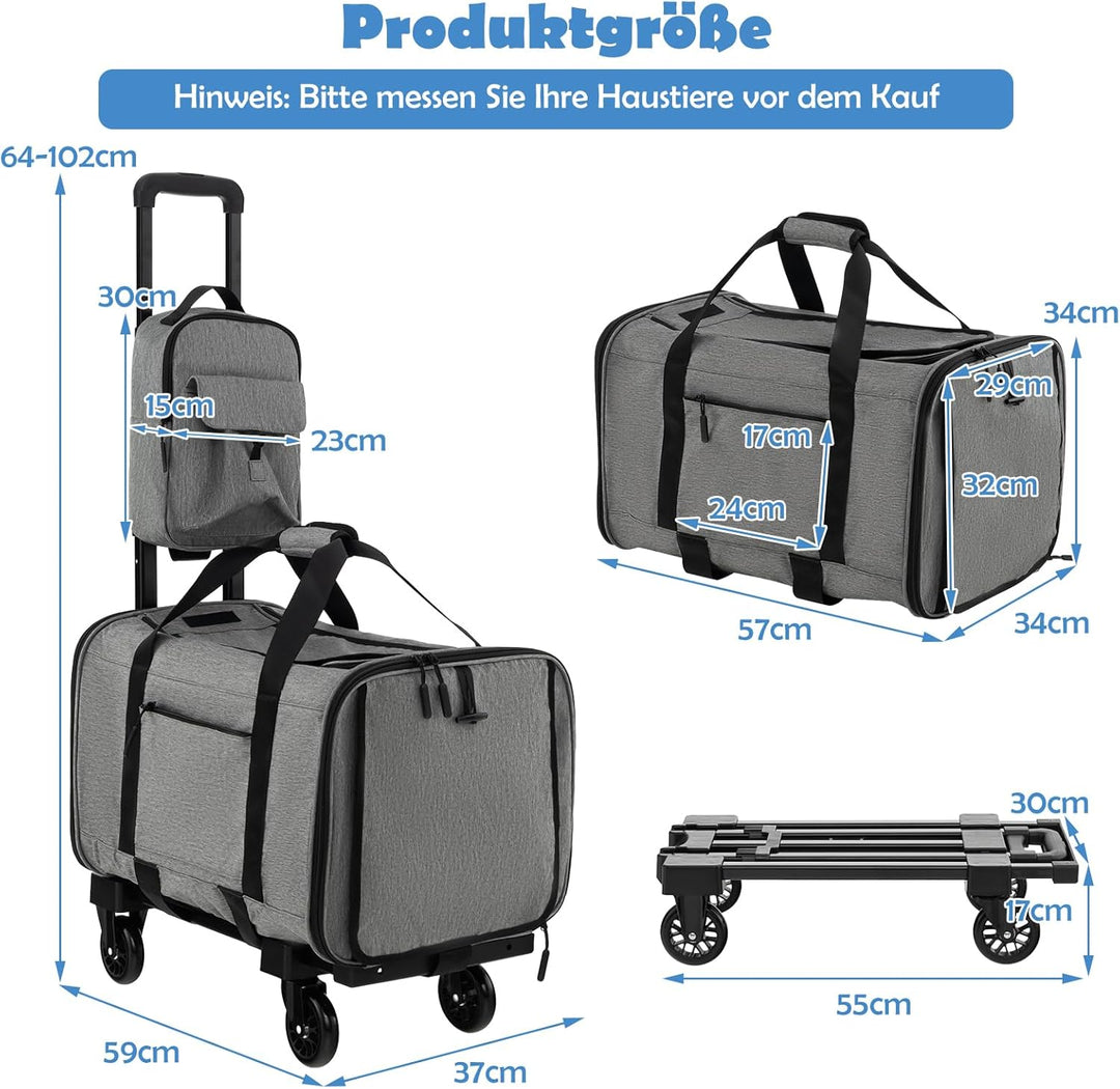 COSTWAY Transportbox Katze, Hunde Tragetasche Mobil, Transporttasche mit Teleskopgriff & Rädern & kl
