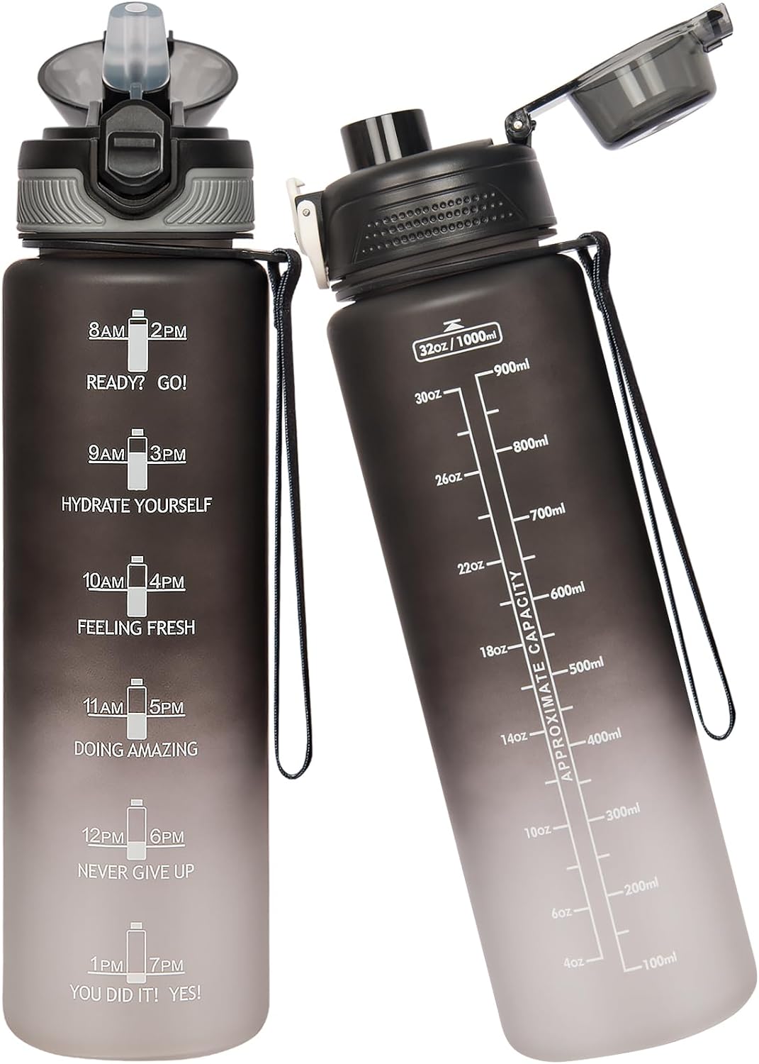 Seekua Sport Tritan Trinkflasche 1l mit Strohhalm & Zeitmarkierung, Grosse Wasserflasche mit Uhrzeit