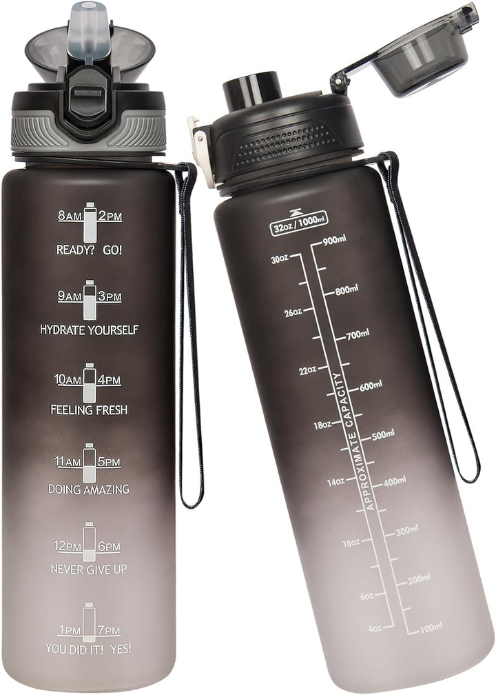 Seekua Sport Tritan Trinkflasche 1l mit Strohhalm & Zeitmarkierung, Grosse Wasserflasche mit Uhrzeit