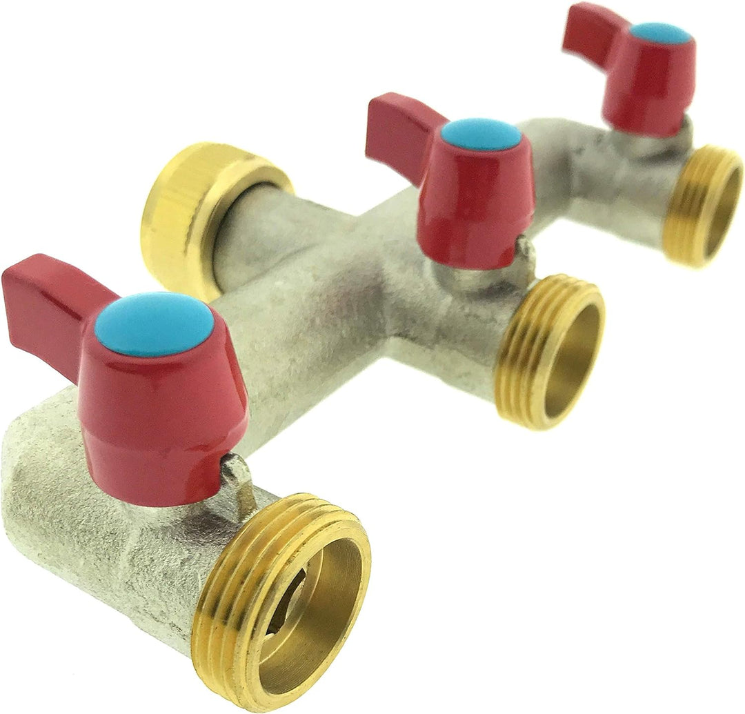 3-Wege Messing Wasserhahn Verteiler 3/4" Wasserverteiler 3er Gartenschlauch Adapter 1/2"