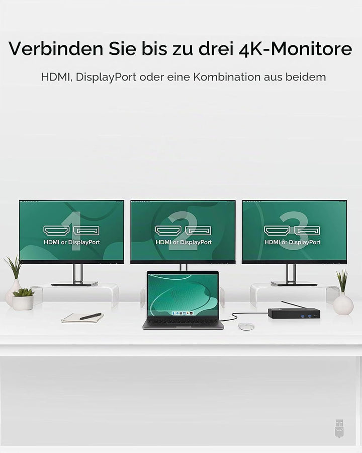 Plugable 12-in-1 USB C Dockingstation Dreifach-Monitor, Triple 4K-Displays mit 3X HDMI oder 3X Displ