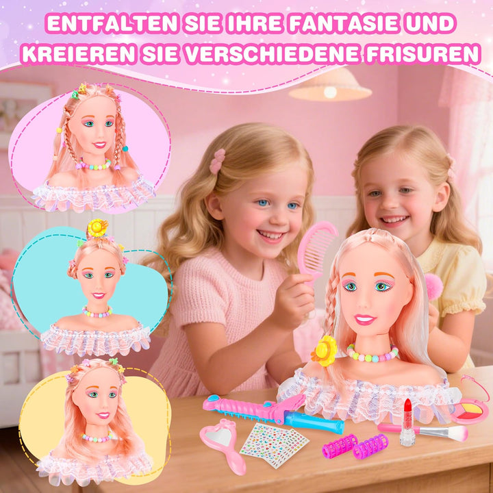 MOMOSTAR 58 Stück Frisierkopf Kinder Set, Schminkkopf für Mädchen, Puppenkopf Zum Frisieren Kinder m