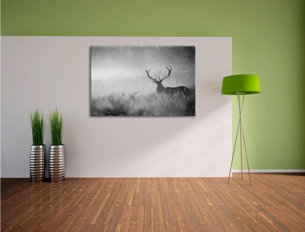 Pixxprint Rotwild Hirsch im Nebel Kunst als Leinwandbild/Grösse: 100x70 cm/Wandbild/Kunstdruck/ferti