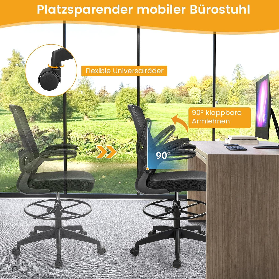COSTWAY Arbeitsstuhl, Bürostuhl mit hochklappbaren Armlehnen und verstellbarem Fussring, Sitzhöhe 55
