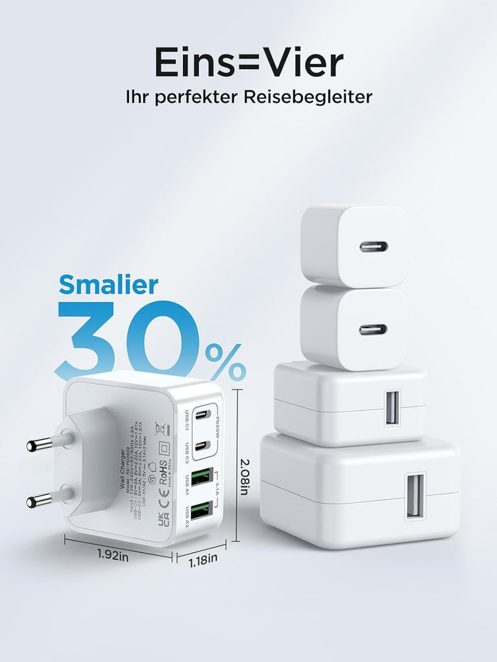 2-Pack USB C Ladegerät, 4 Ports Schnellladegerät PD 3.0 Power Adapter 40W Mehrfach Ladegerät mit USB