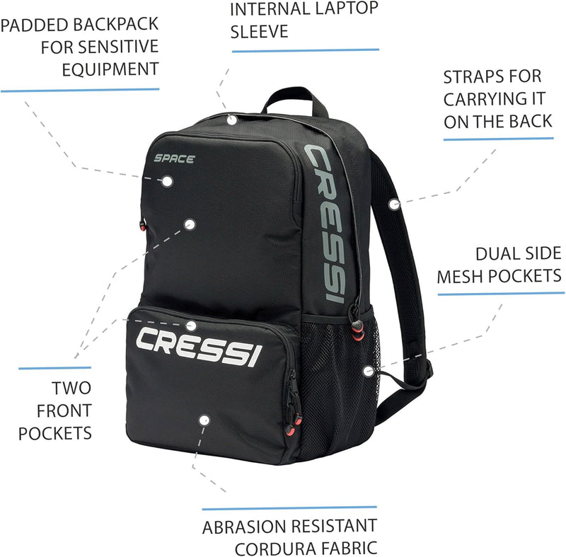 Cressi Space - Unisex Erwachsene Rucksack - Hohe Qualität Schwarz/Logo Weiss Silber, Schwarz/Logo We